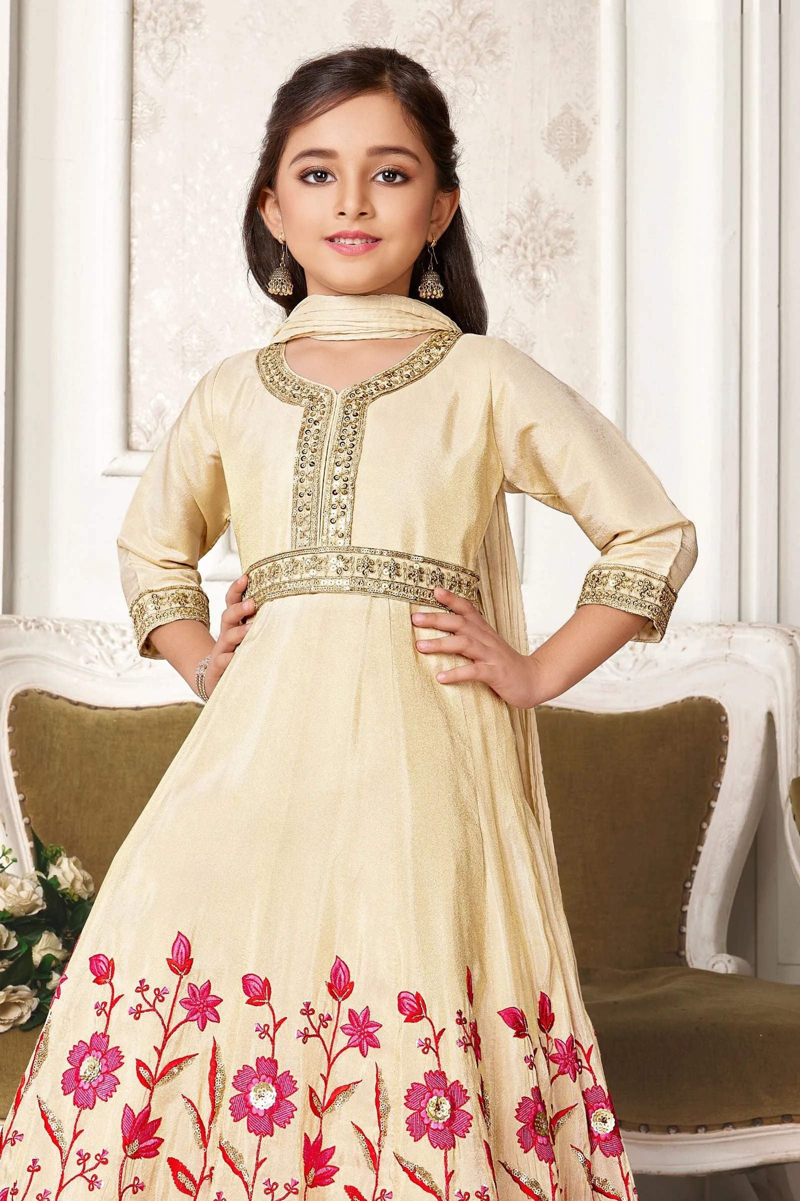 Beige Embroidery, Sequins and Zari work Long Party Gown for Girls