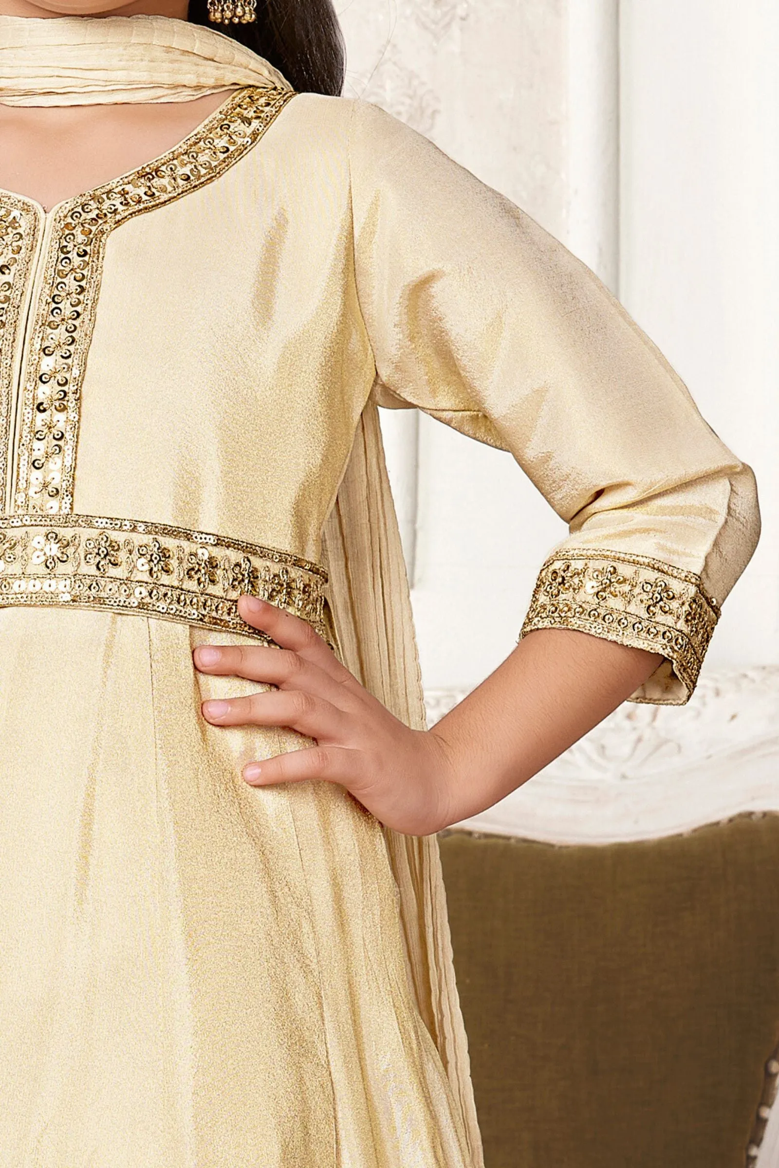 Beige Embroidery, Sequins and Zari work Long Party Gown for Girls