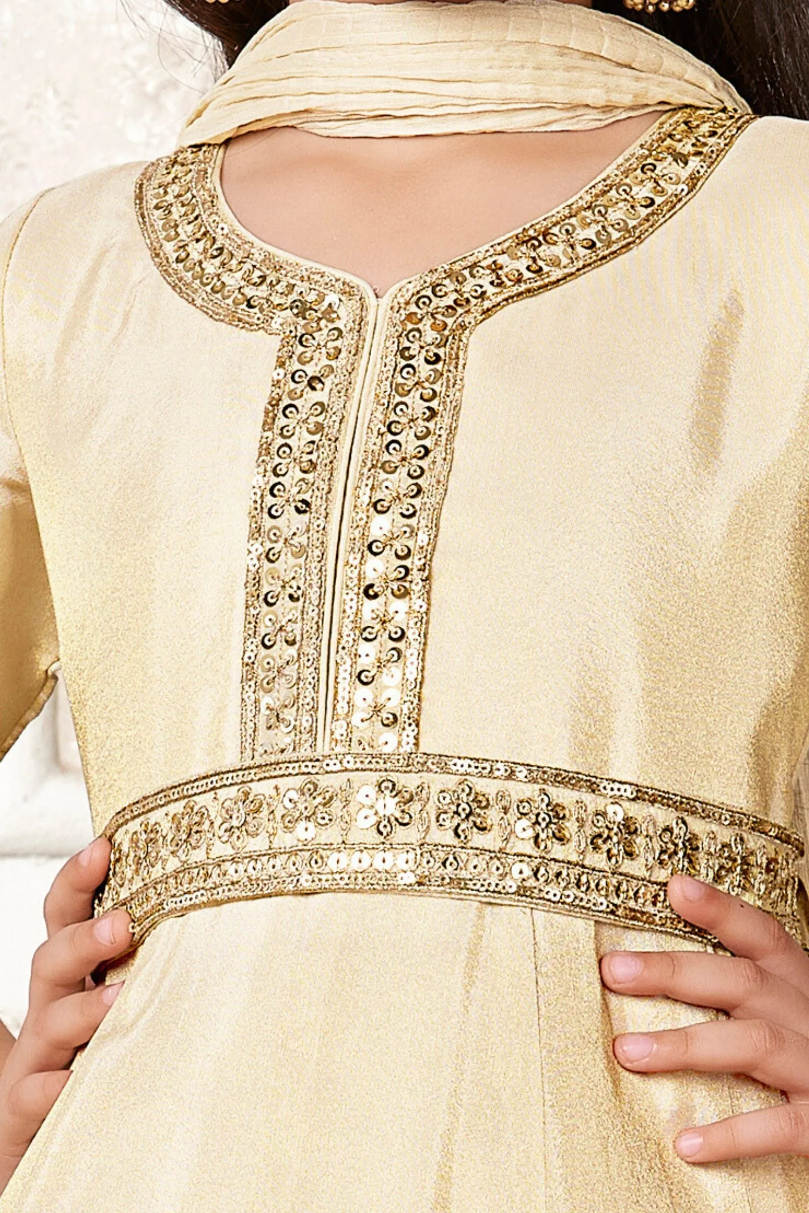 Beige Embroidery, Sequins and Zari work Long Party Gown for Girls