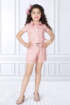 Beige with Pink Stripes Top with Shorts For Girls