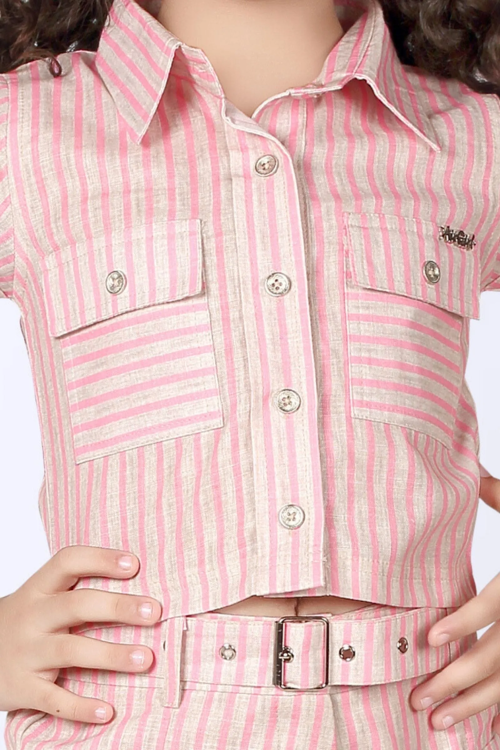 Beige with Pink Stripes Top with Shorts For Girls