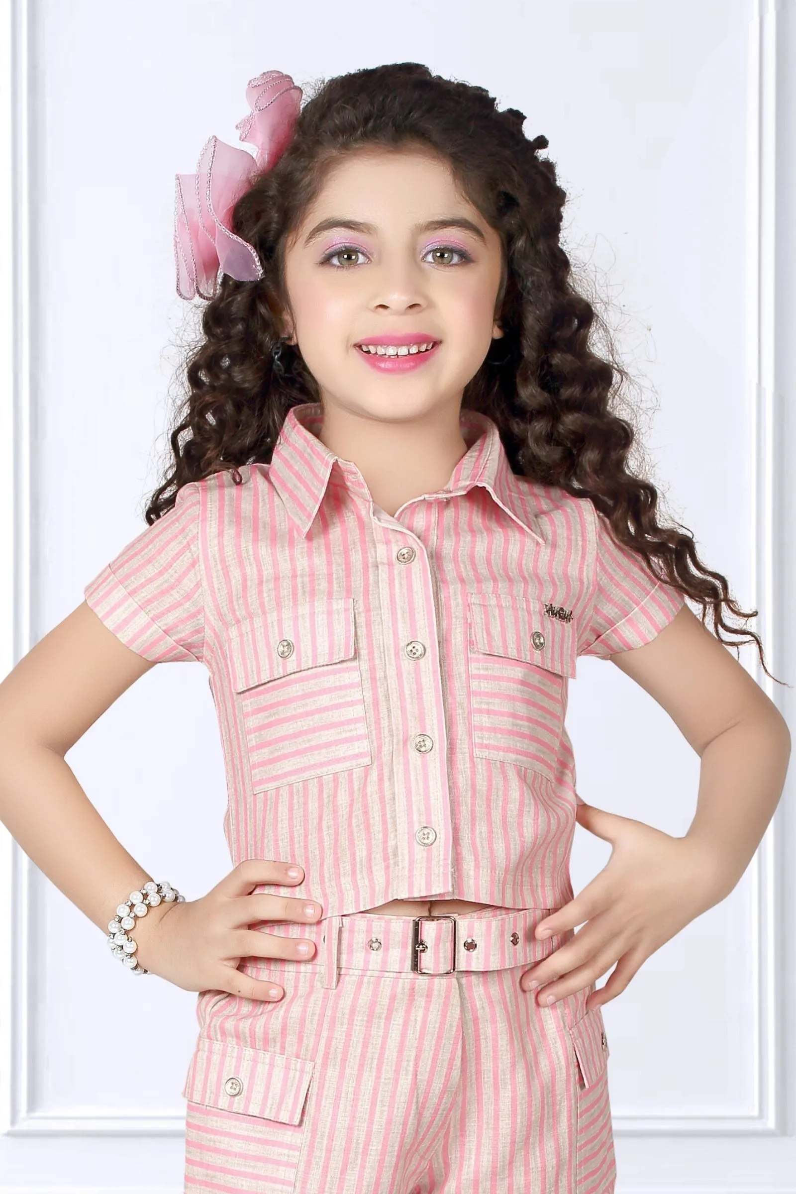 Beige with Pink Stripes Top with Shorts For Girls