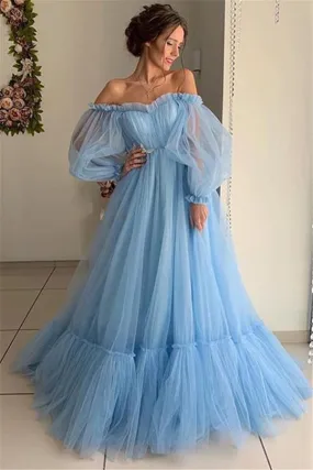 Best Long A-line Off-the-shoulder Tulle Prom Dress with Sleeves