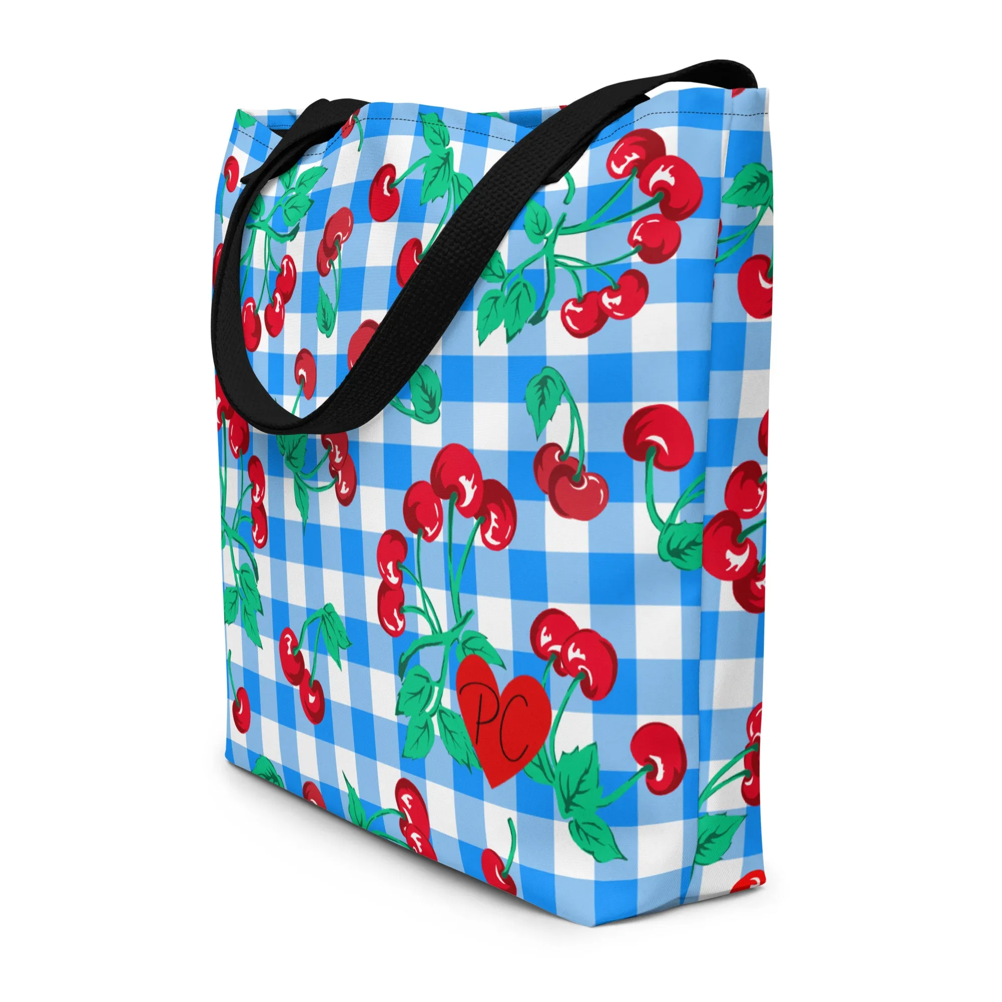 Bethany Cherry Girl Blue Gingham Print Oversized Tote Bag | Pinup Couture Relaxed