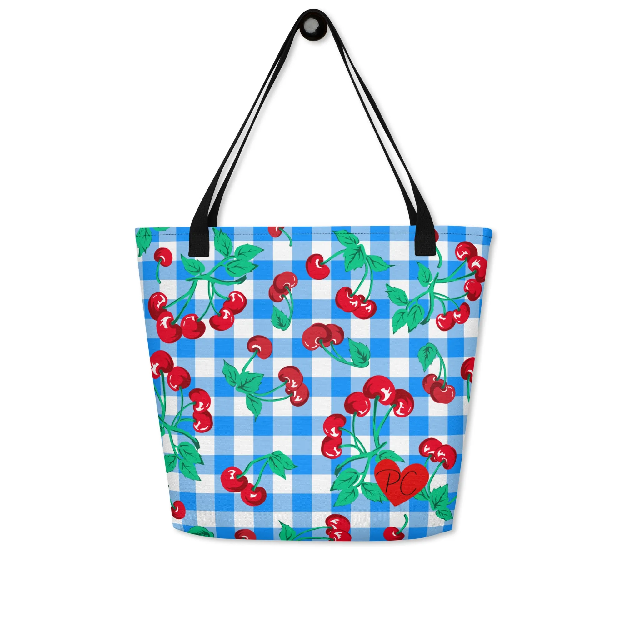 Bethany Cherry Girl Blue Gingham Print Oversized Tote Bag | Pinup Couture Relaxed