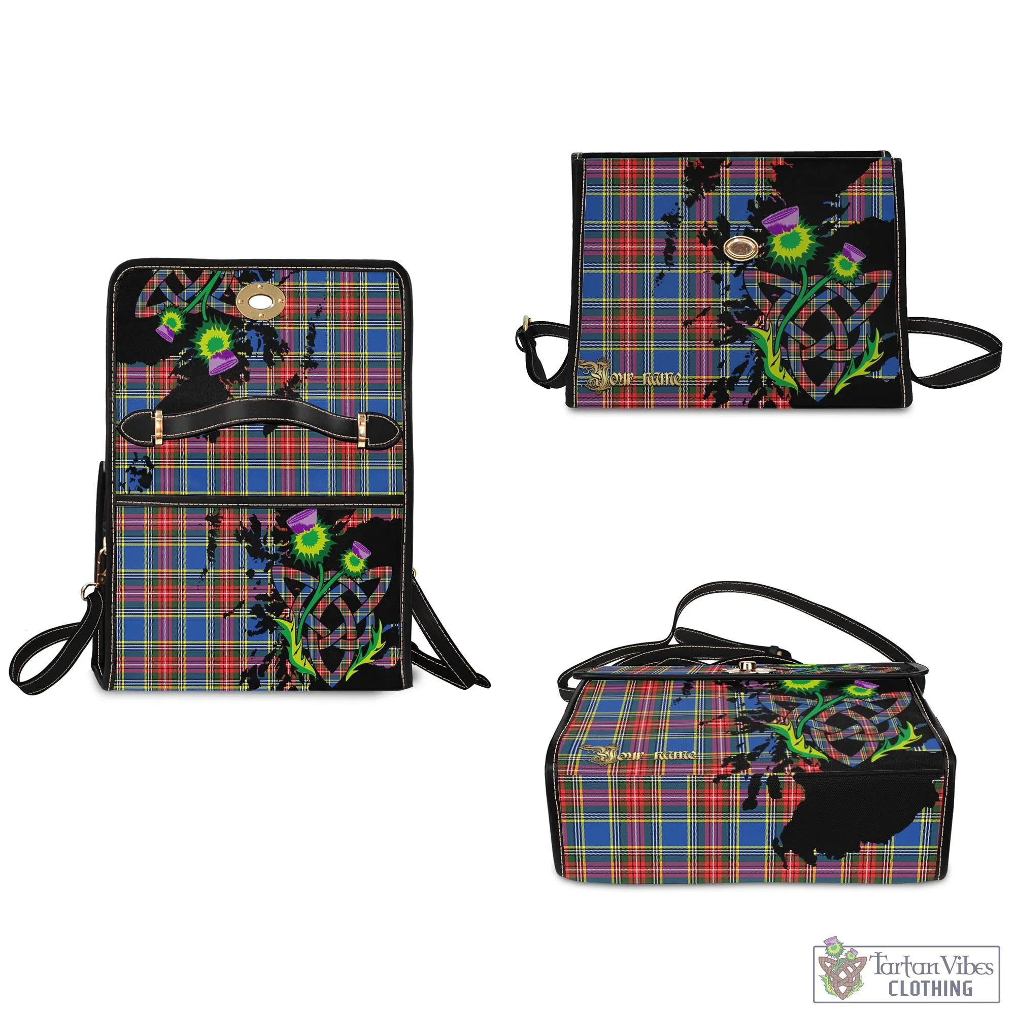 Bethune Tartan Waterproof Canvas Bag with Scotland Map and Thistle Celtic Accents