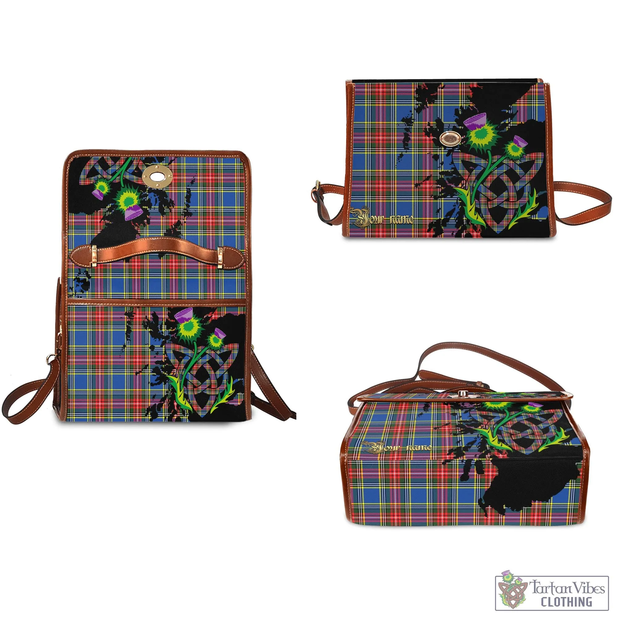 Bethune Tartan Waterproof Canvas Bag with Scotland Map and Thistle Celtic Accents