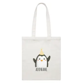 Birthday Cute Penguin Wearing Party Hat Addname White Canvas Bag