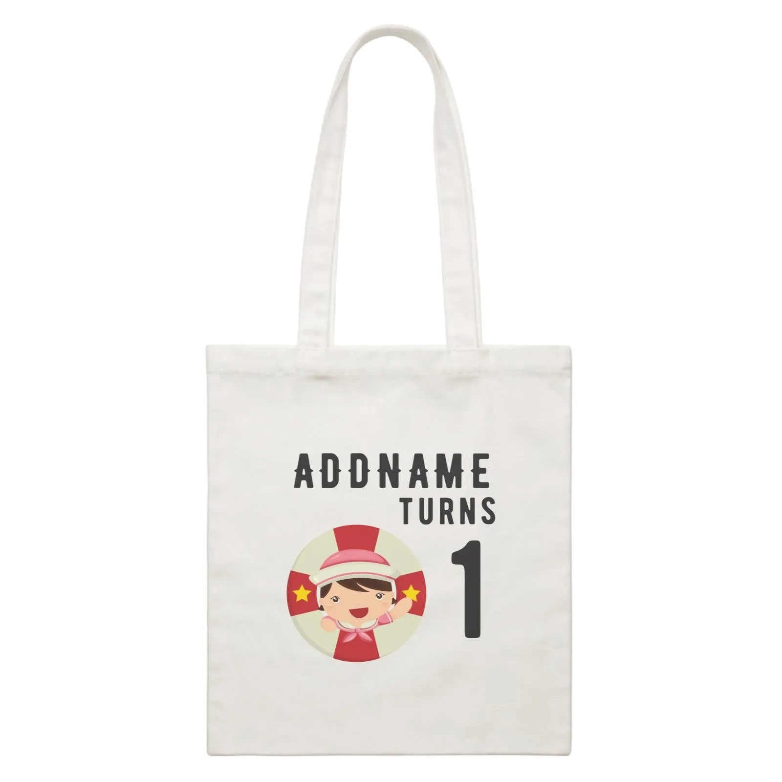 Birthday Sailor Baby Girl In Lifebuoy Addname Turns 1 White Canvas Bag