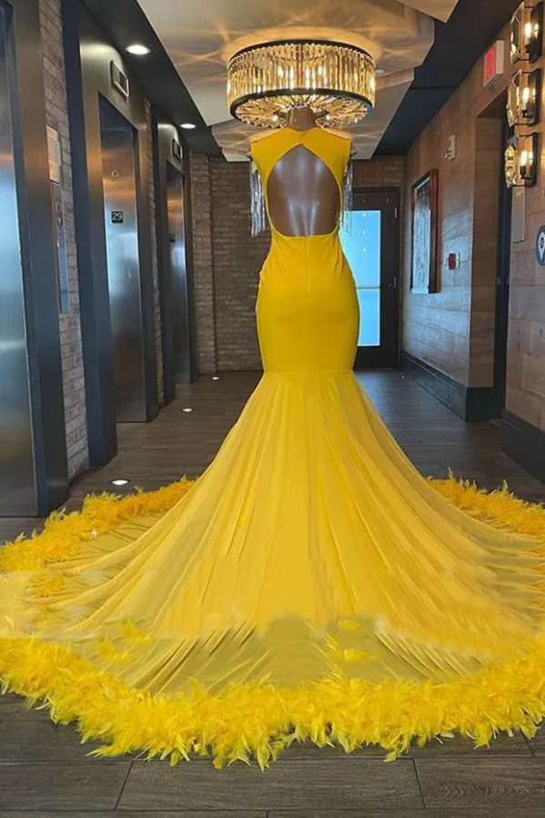 Biztunnel Charming Yellow Long Mermaid Sweetheart Tulle Beading Backless Prom Dress