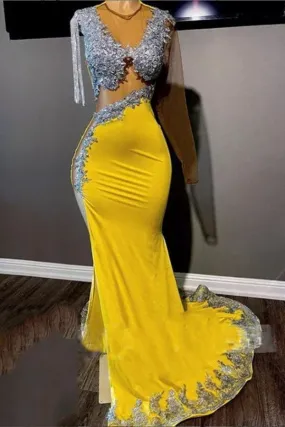 Biztunnel Yellow Long Mermaid Jewel Tulle Satin Prom Dress with Sleeves