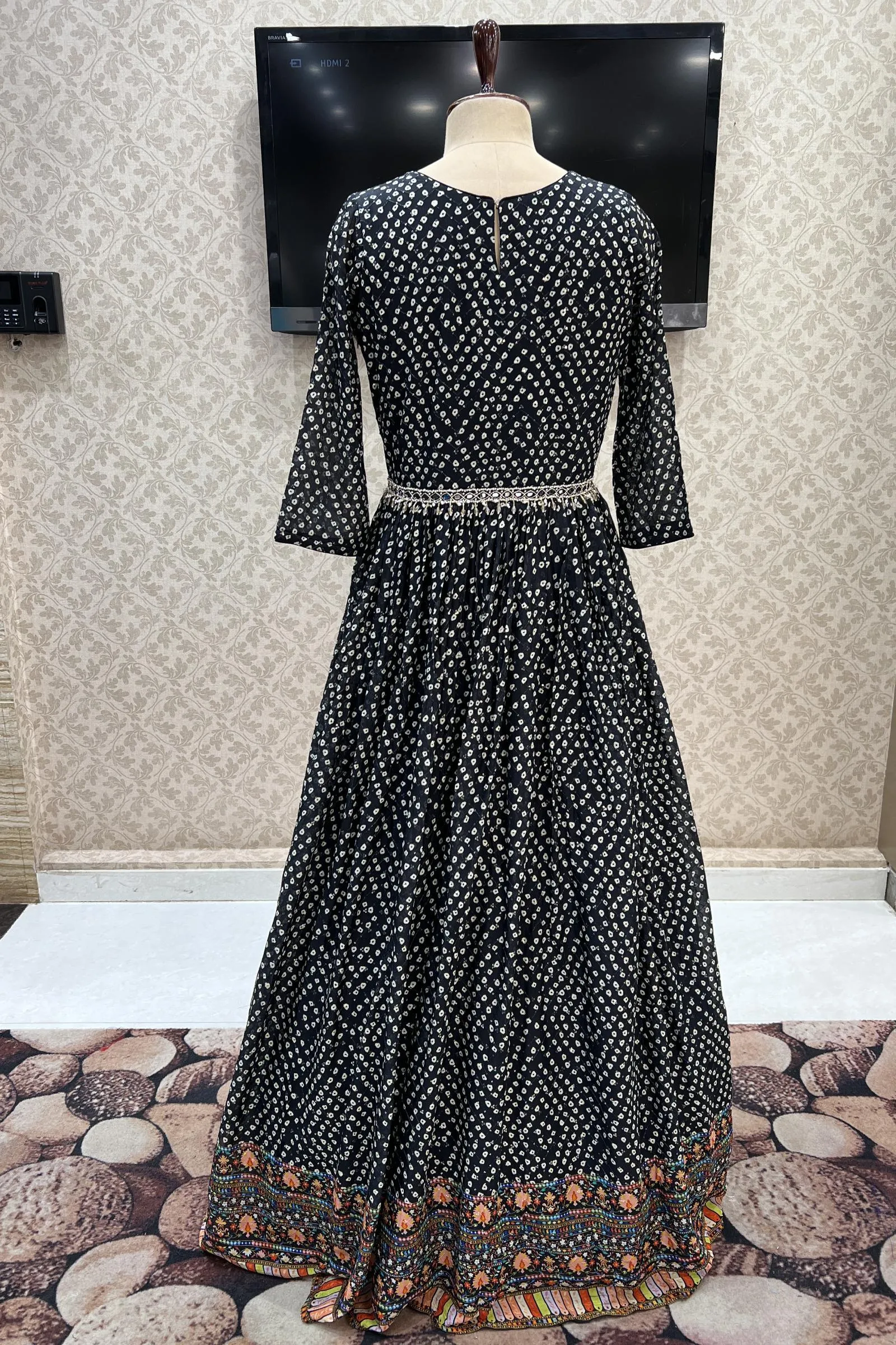 Black Bandini Print, Sequins and Thread Weaving work Floor Length Anarkali Suit