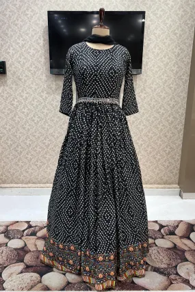 Black Bandini Print, Sequins and Thread Weaving work Floor Length Anarkali Suit