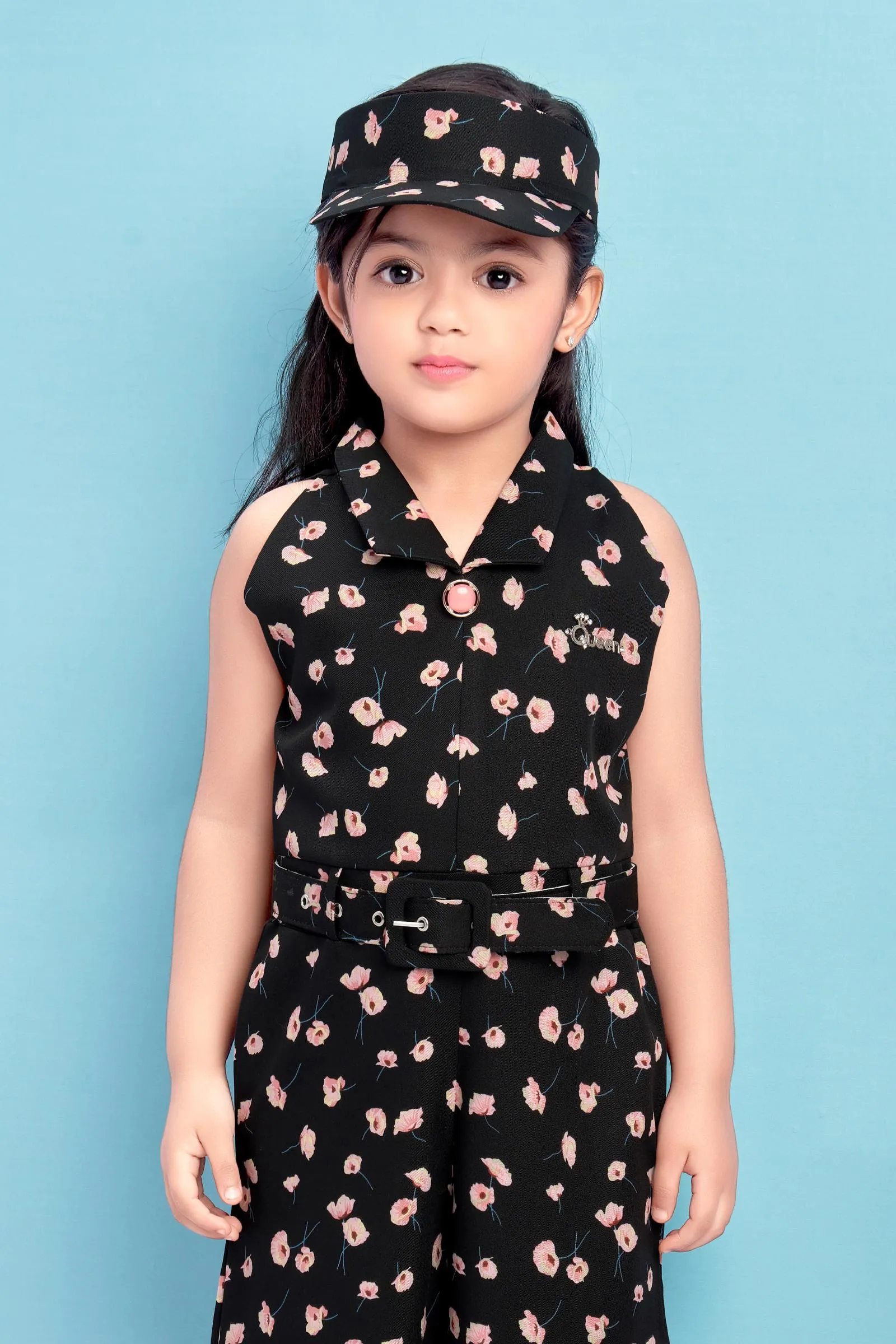 Black Floral Print Palazzo Jumpsuit for Girls