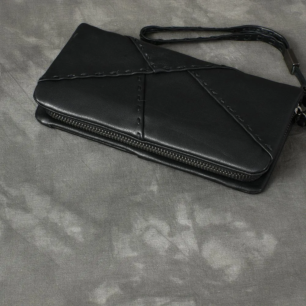 Black Leather Women's Wristlet Wallet Clutch Wallet Long Wallet For Men