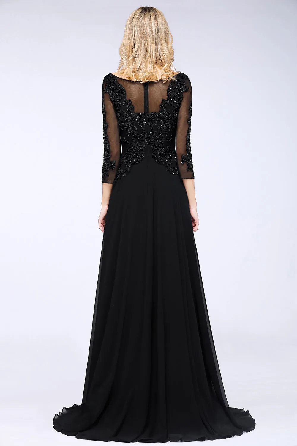 Black Long A-line Chiffon Beads Appliques Bridesmaid Dress with Sleeves