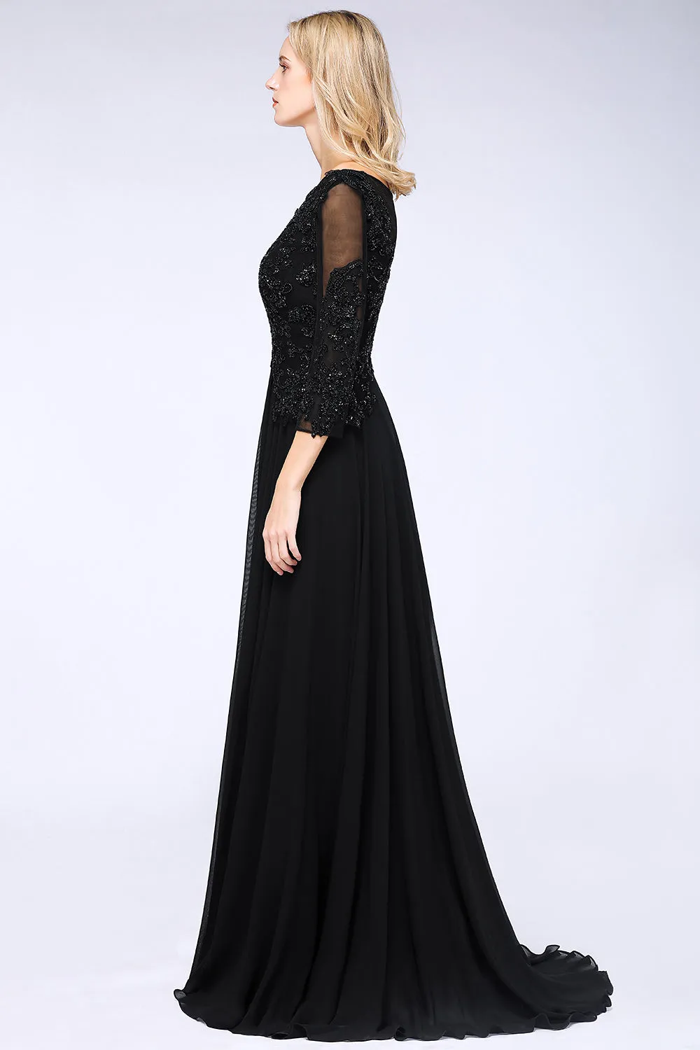 Black Long A-line Chiffon Beads Appliques Bridesmaid Dress with Sleeves