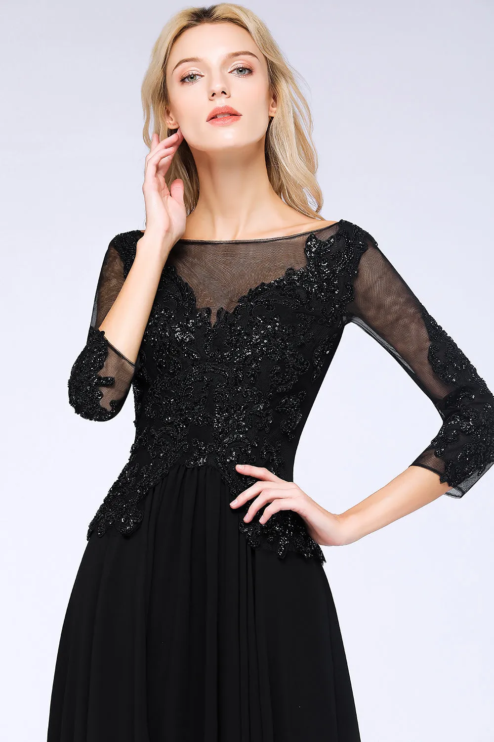 Black Long A-line Chiffon Beads Appliques Bridesmaid Dress with Sleeves