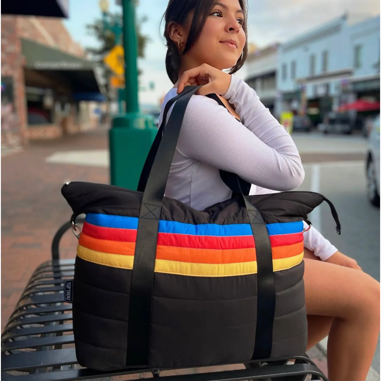 Black Puffer Tote Bag Retro Stripe