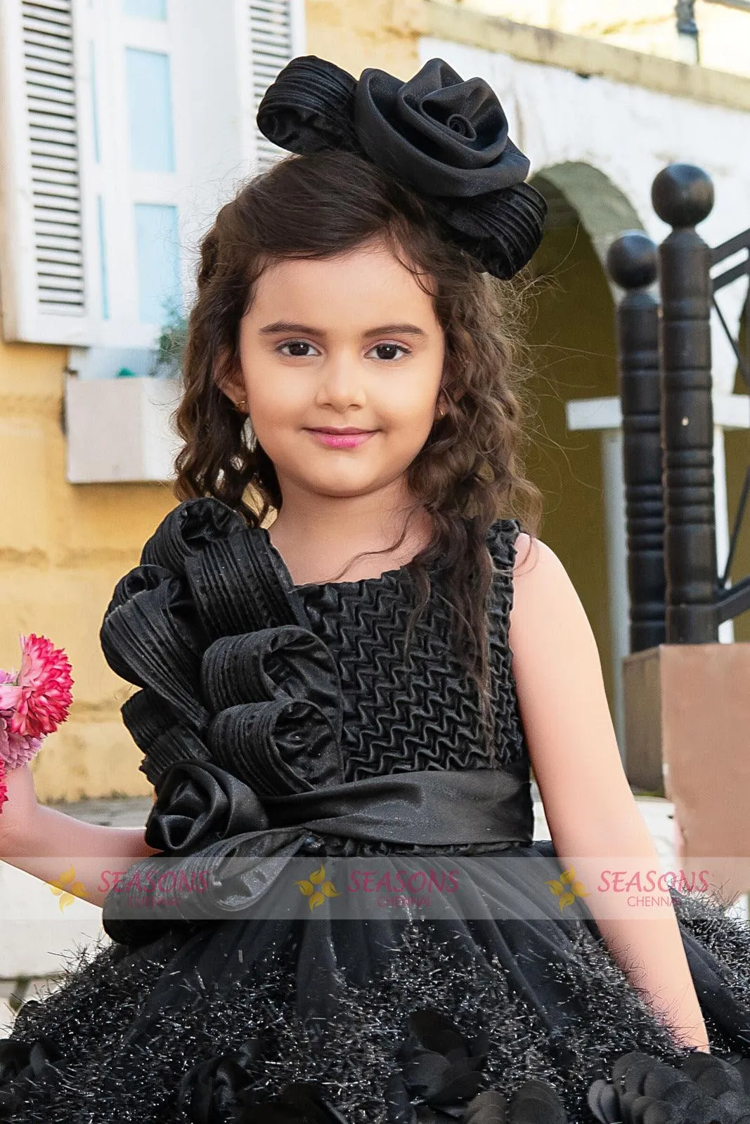 Black Satin with Net Short Frock for Girls