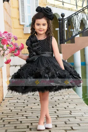 Black Satin with Net Short Frock for Girls