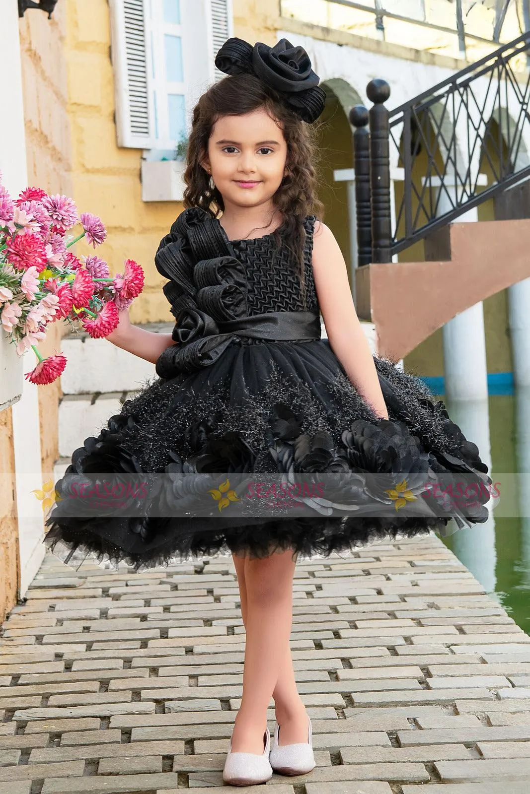 Black Satin with Net Short Frock for Girls