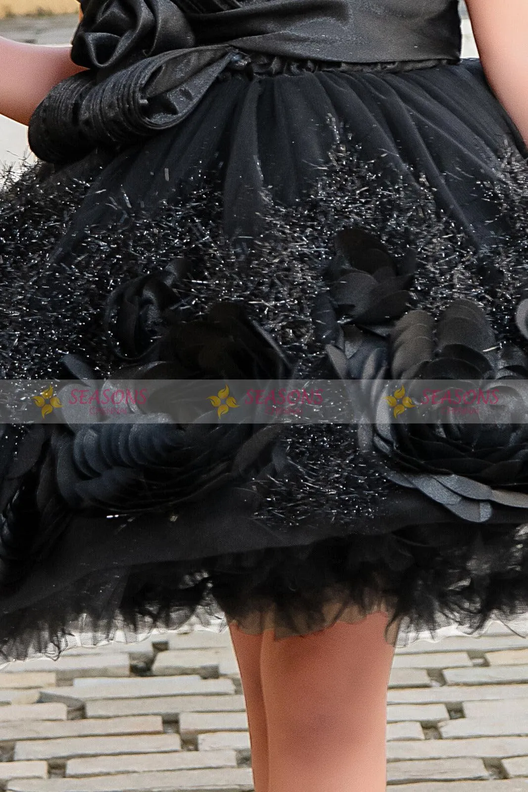 Black Satin with Net Short Frock for Girls