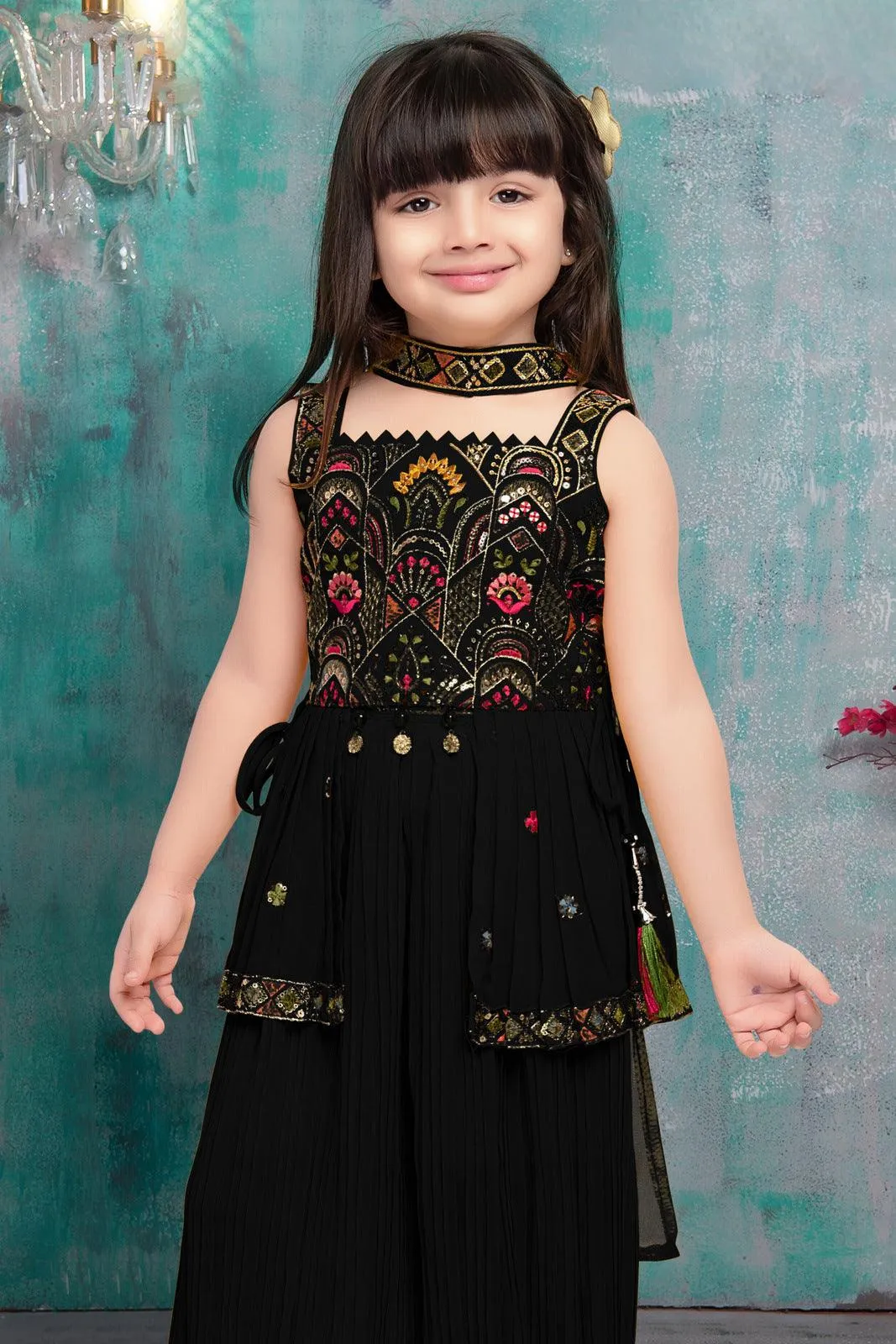 Black Sequins and Multicolor Thread work Peplum Top and Afghani Set for Girls