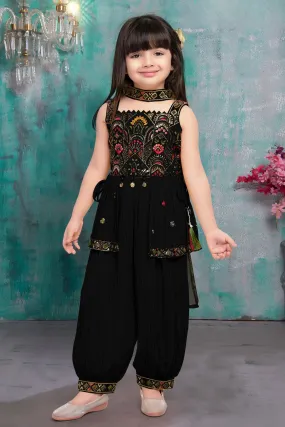 Black Sequins and Multicolor Thread work Peplum Top and Afghani Set for Girls