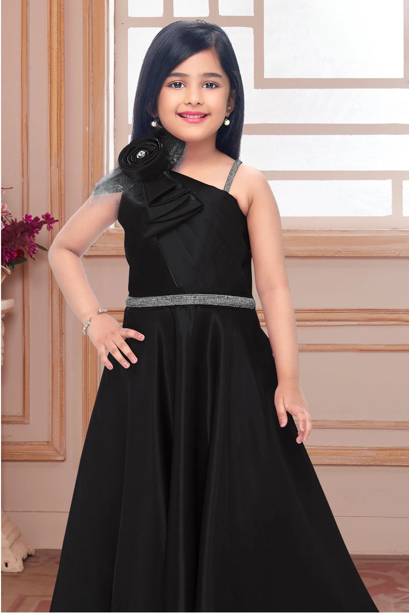 Black Stone work Long Party Frock for Girls