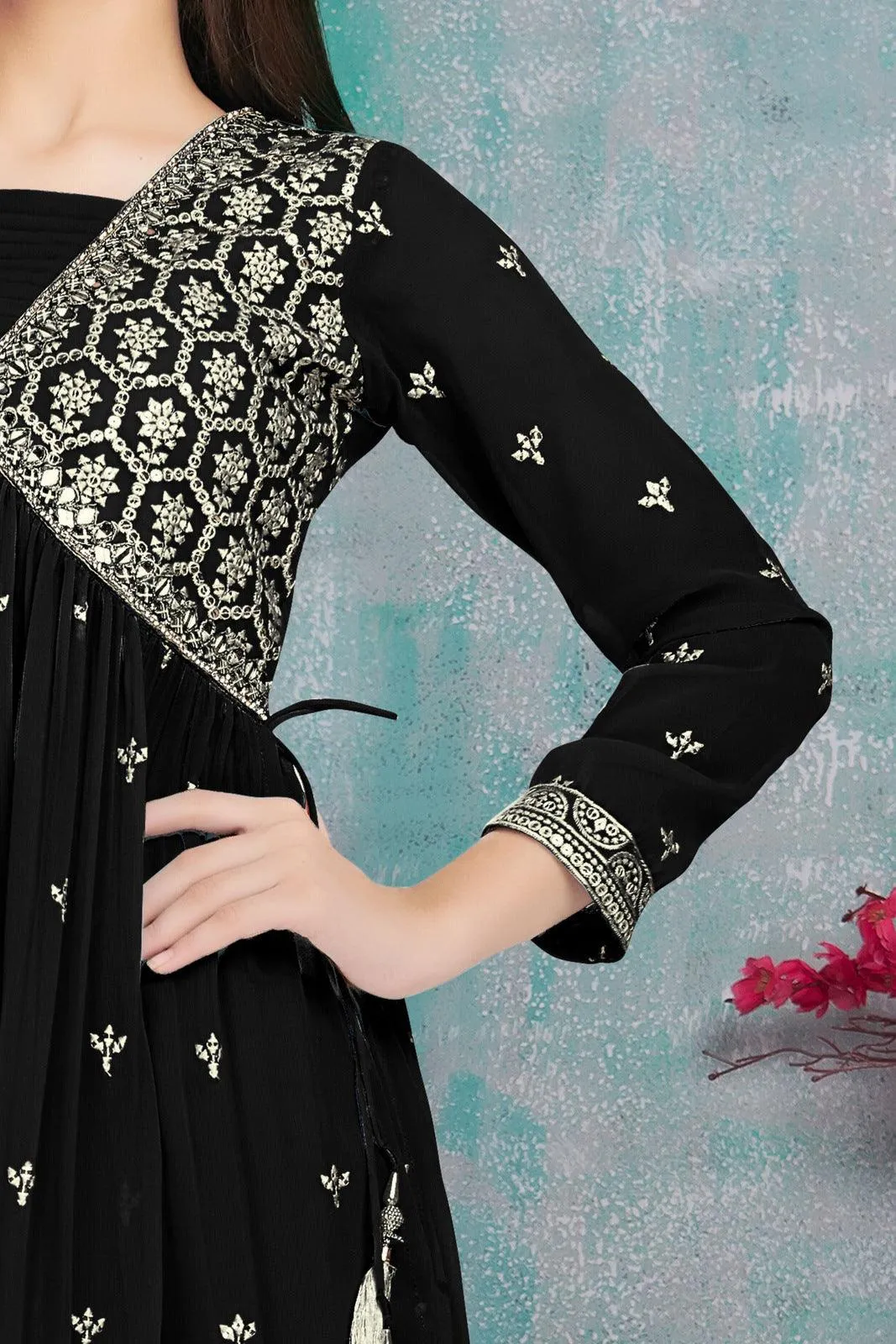 Black Thread, Mirror and Stone work Alia Cut Peplum Top and Sharara Set for Girls