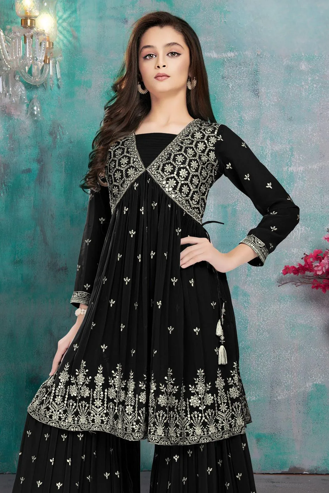 Black Thread, Mirror and Stone work Alia Cut Peplum Top and Sharara Set for Girls