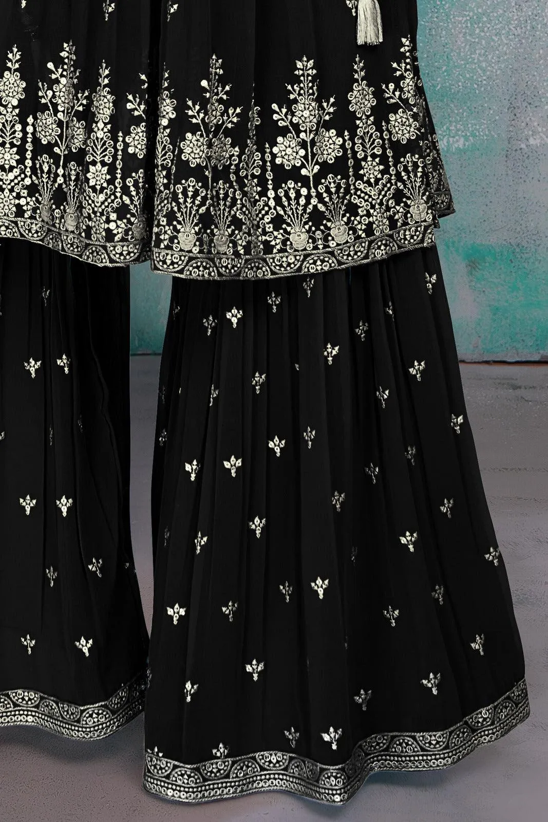 Black Thread, Mirror and Stone work Alia Cut Peplum Top and Sharara Set for Girls