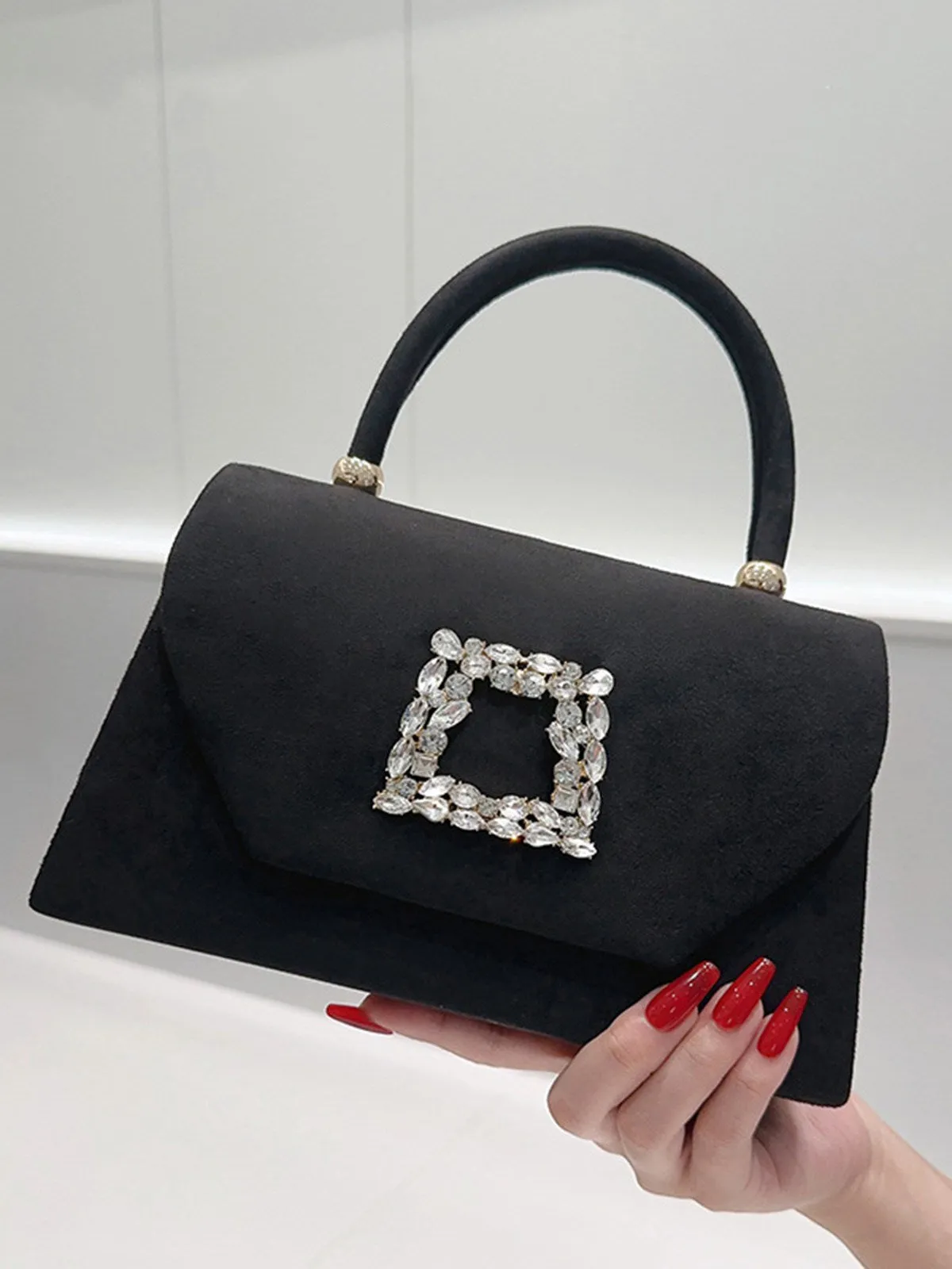 Black Top Handle Rhinestones Envelope Clutch Bag