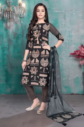 Black with Printed Straight Cut Salwar Suit for Girls