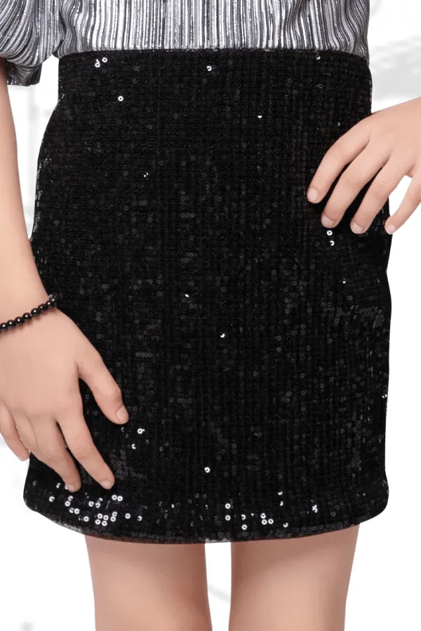 Black with Silver Printed and Sequins work Knee Length Frock for Girls