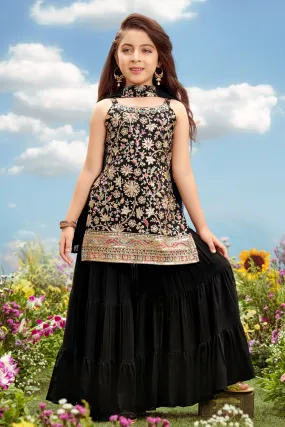 Black Zari Embroidery, Multicolor Thread and Sequins work for Girls Palazzo Suit Set