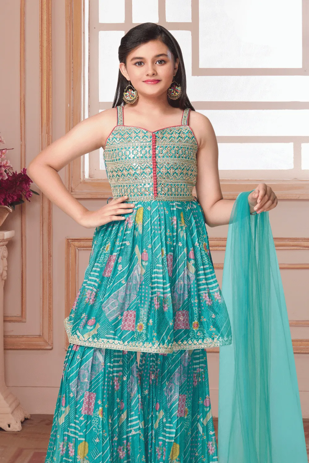 Blue Digital Print, Sequins and Zari work Peplum Top and Sharara Set for Girls