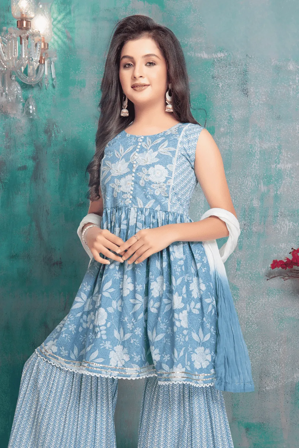 Blue Digital Print, Thread and Zari work Peplum Top and Palazzo Set for Girls