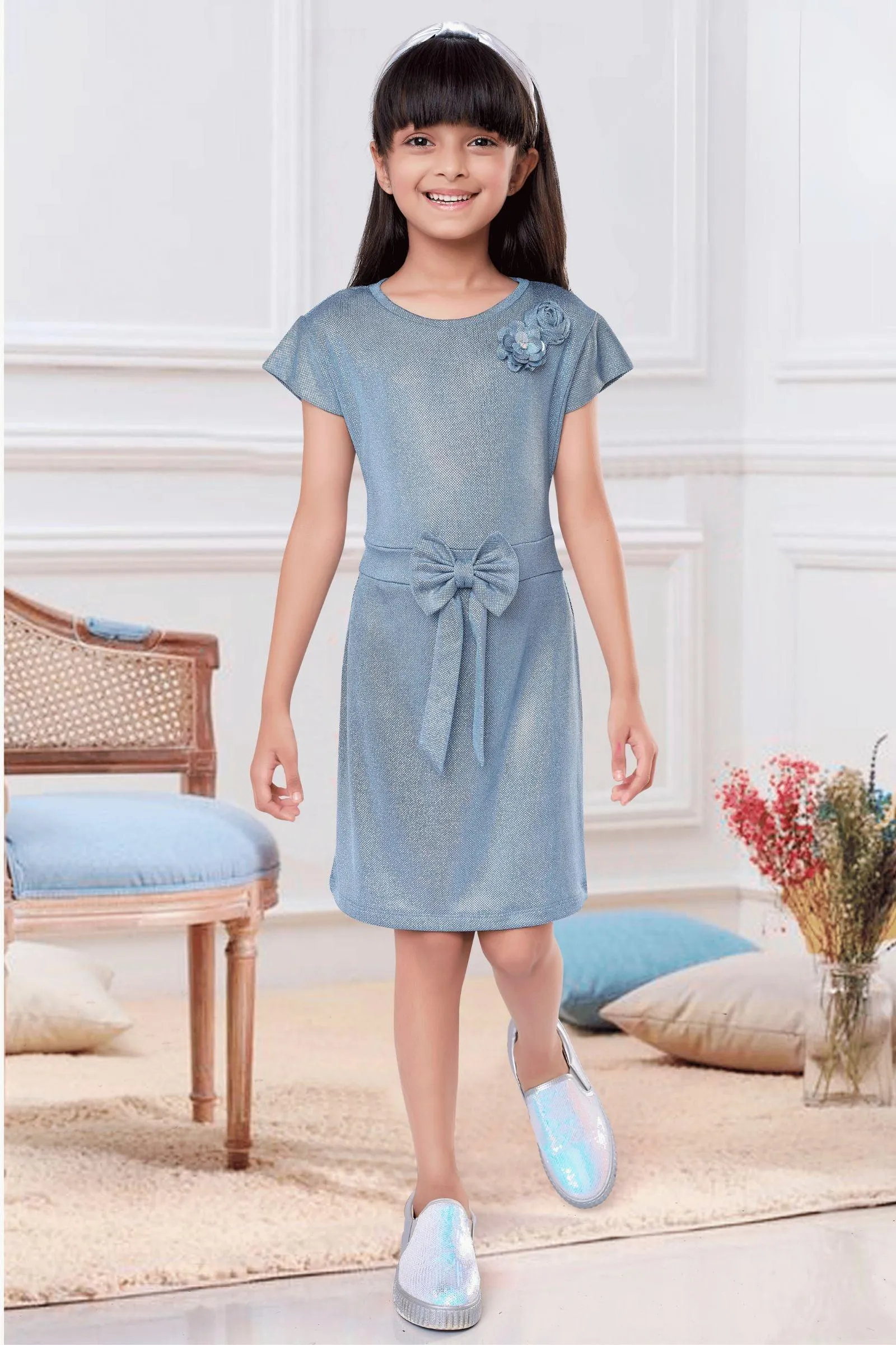 Blue Glitter work Short Frock For Girls