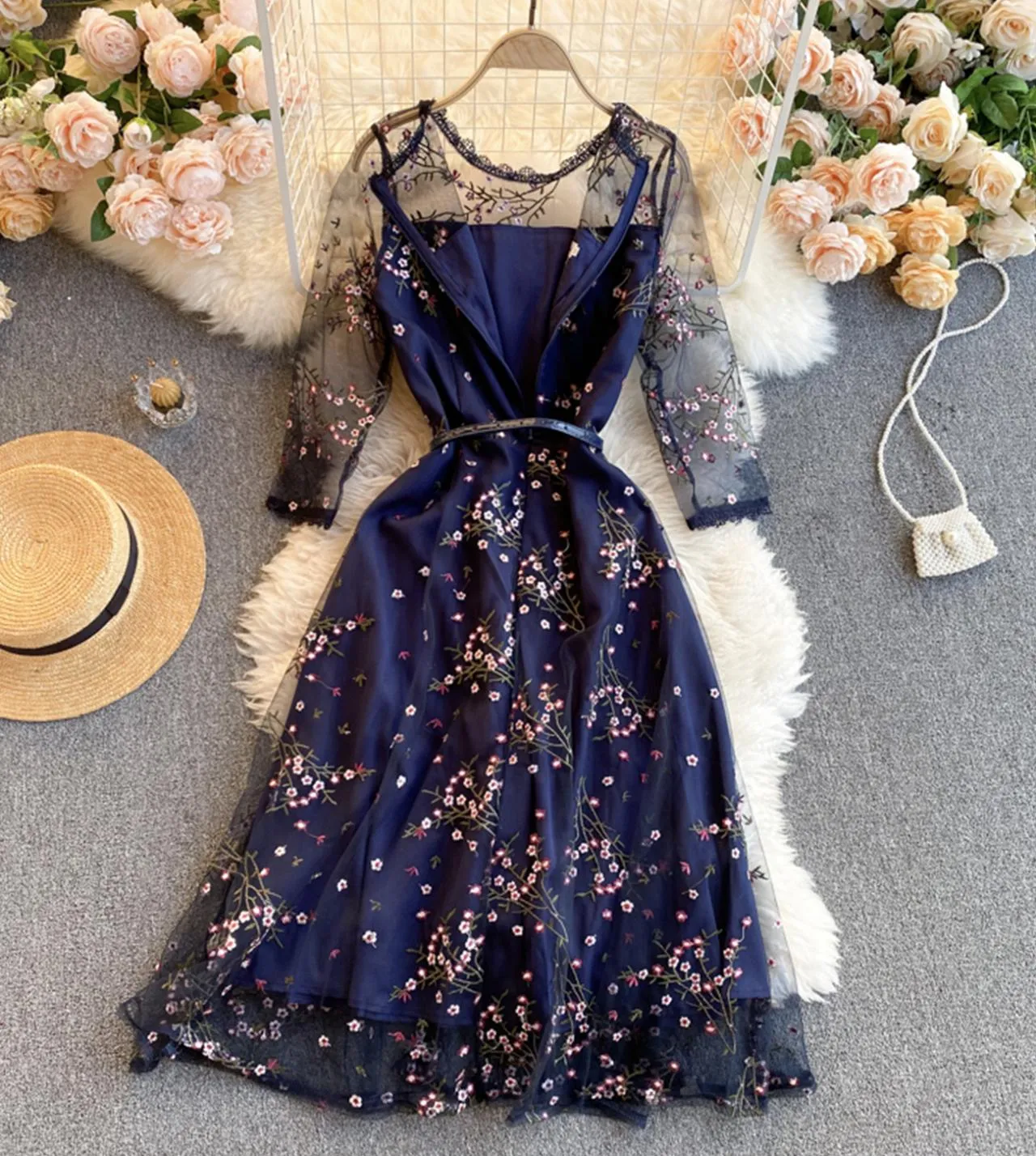 Blue lace short A line dress fashion girl dress    S101