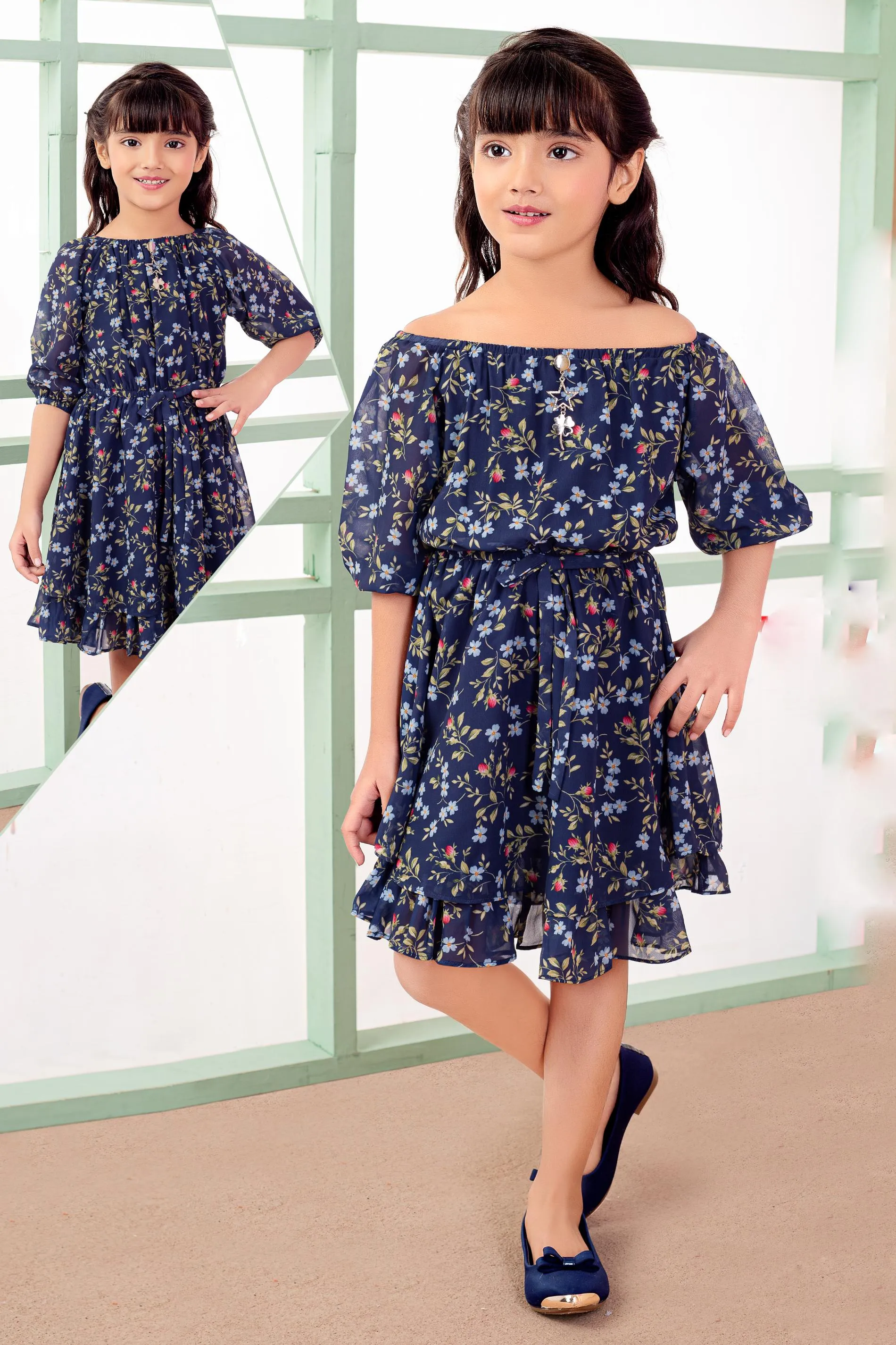 Blue Multicolor Floral Print Knee Length Casual Frock for Girls