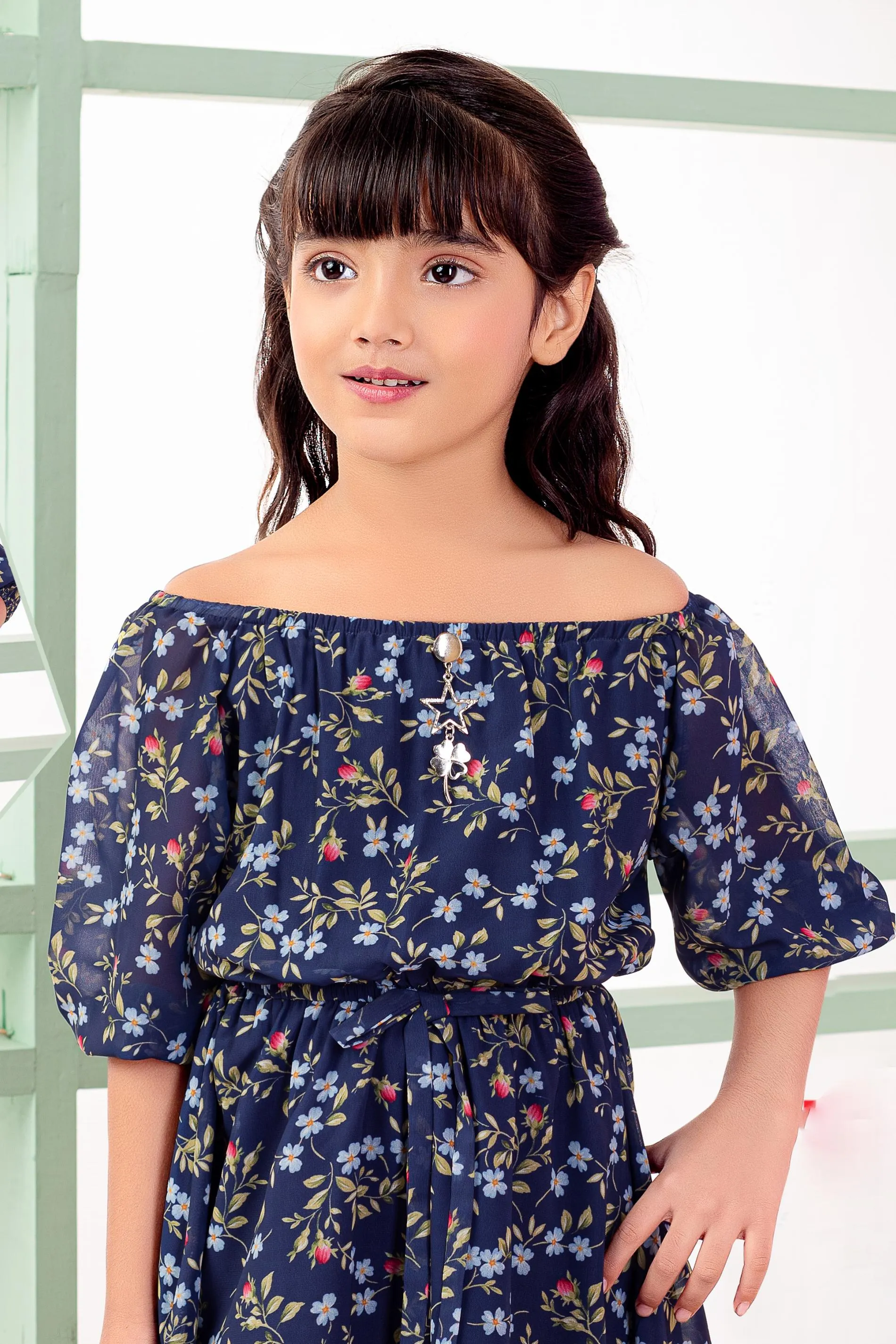 Blue Multicolor Floral Print Knee Length Casual Frock for Girls