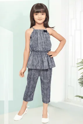 Blue Printed Top with Three Fourth Pant for Girls