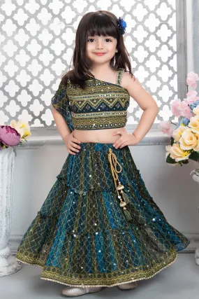 Blue with Green Beads, Mirror, Sequins and Thread Weaving work Lehenga Choli for Girls