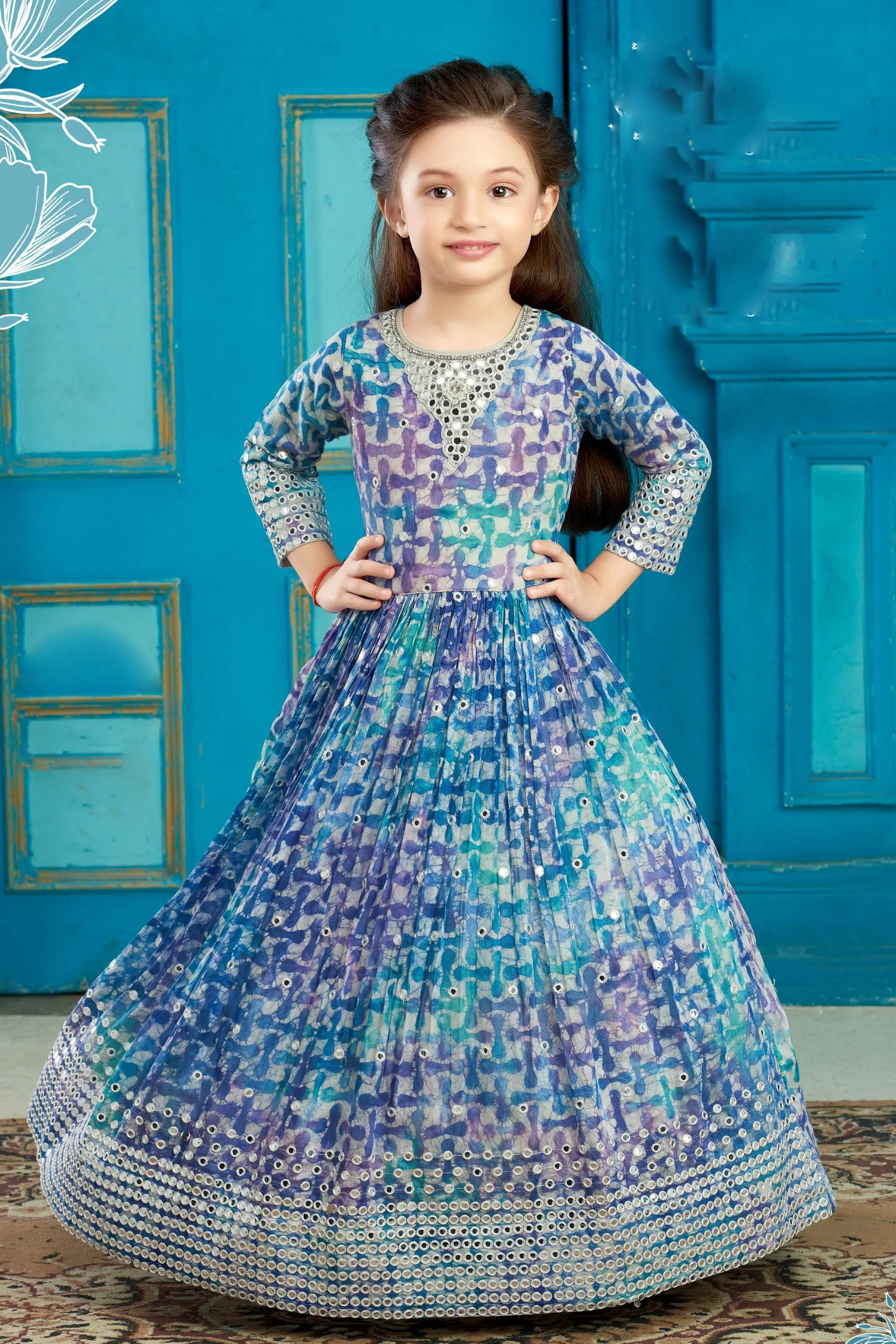 Blue with Print, Sequins, Stone and Thread work Long Party Gown for Girls