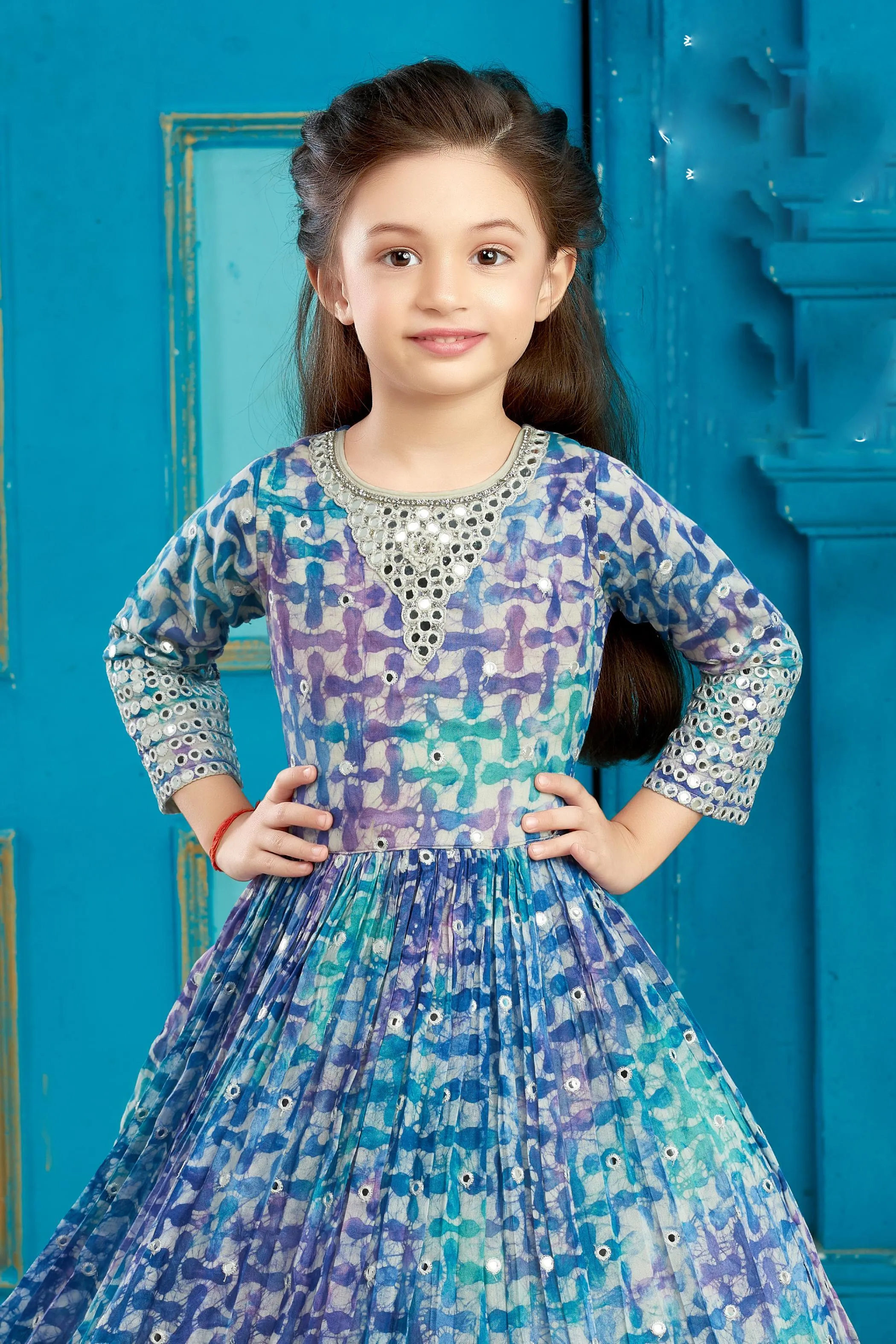 Blue with Print, Sequins, Stone and Thread work Long Party Gown for Girls