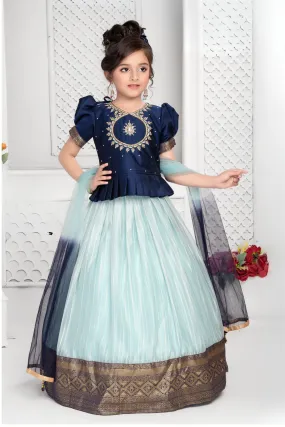 Blue with Sea Green Banaras, Beads and Stone work Lehenga Choli for Girls