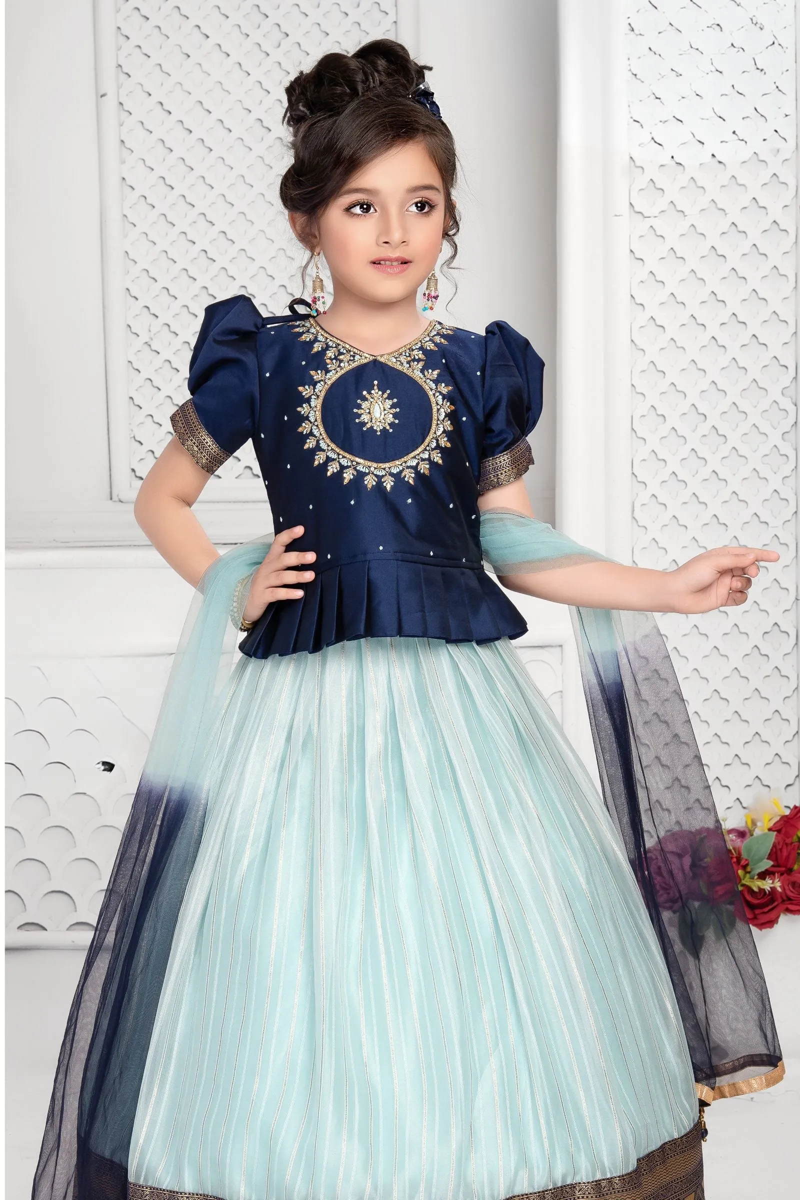 Blue with Sea Green Banaras, Beads and Stone work Lehenga Choli for Girls