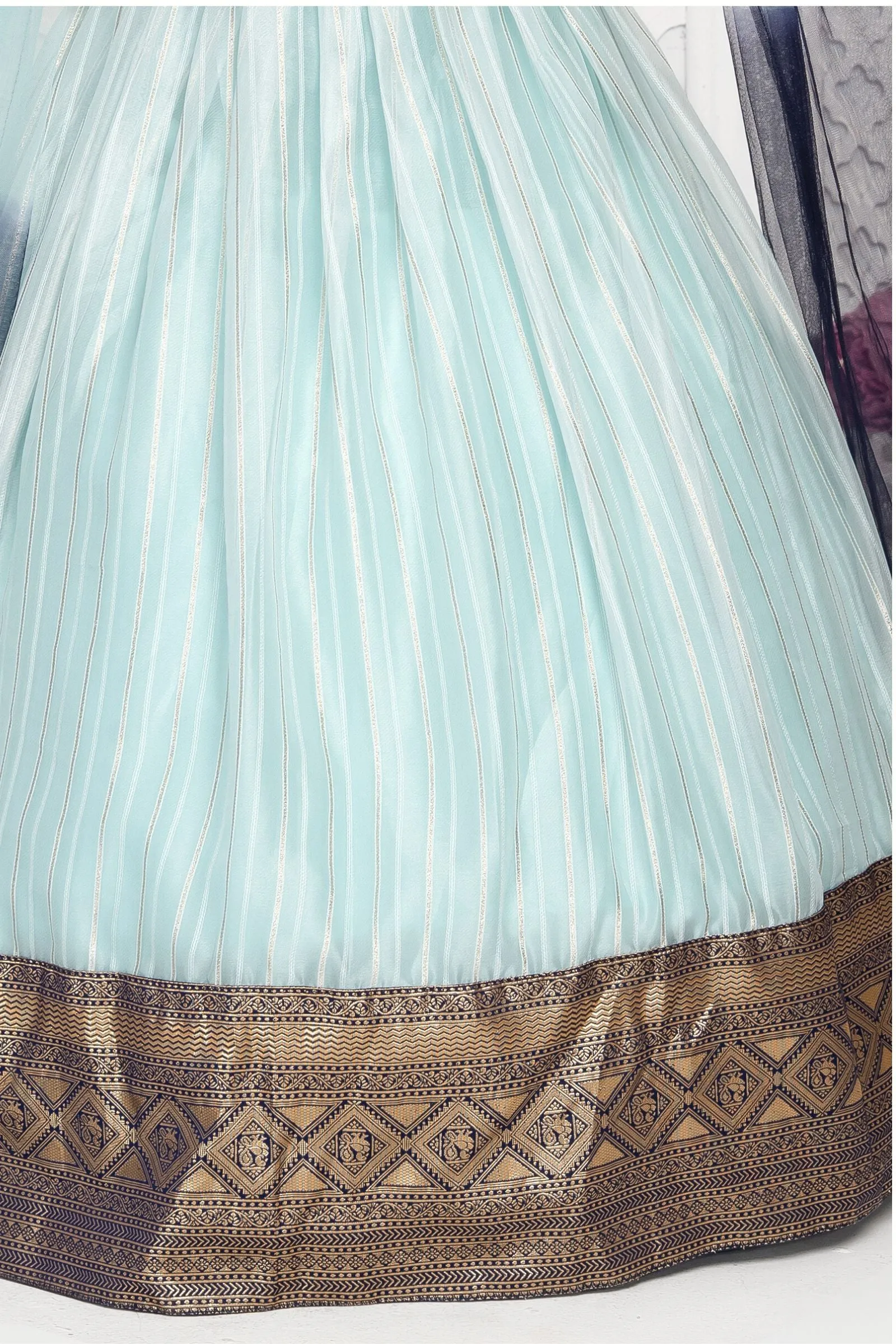 Blue with Sea Green Banaras, Beads and Stone work Lehenga Choli for Girls